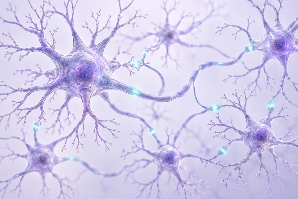 Ilustración tridimensional de neuronas en lavanda, con prolongaciones ramificadas y conexiones destacadas en turquesa.
