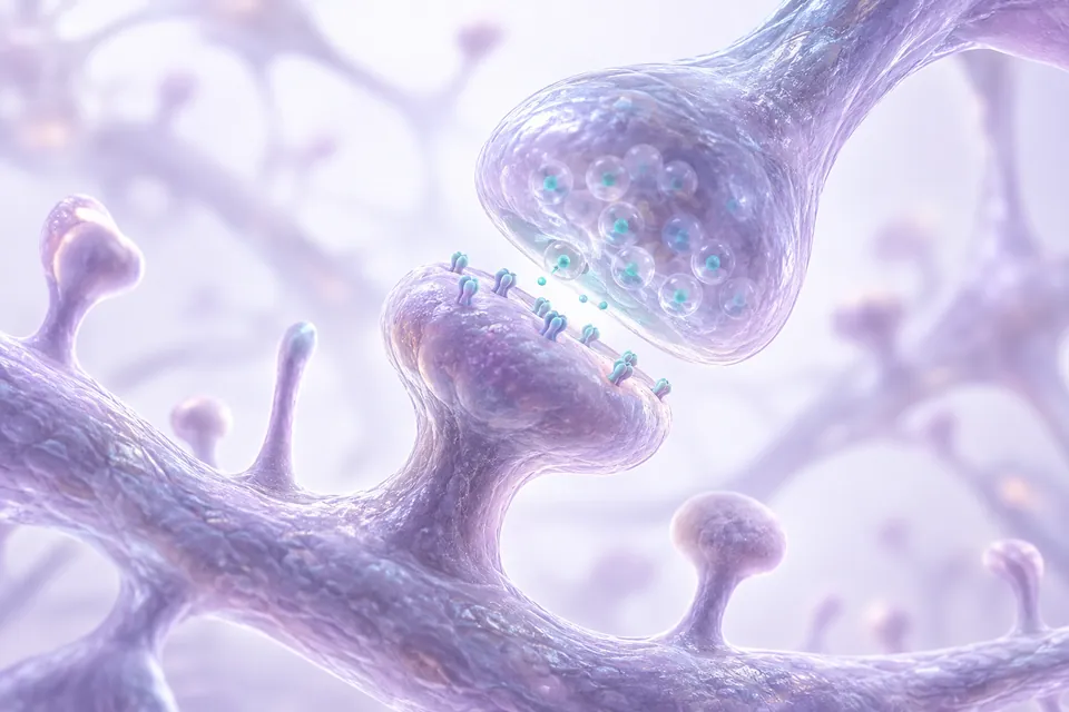 Ilustración tridimensional de una conexión sináptica entre una terminal neuronal y una espina dendrítica, en lavanda con detalles turquesa.