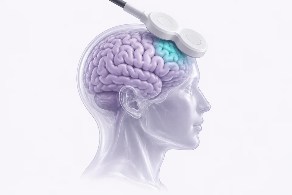 Ilustración de una cabeza translúcida con un aplicador de TMS externo sobre la frente y una región cortical destacada en turquesa.