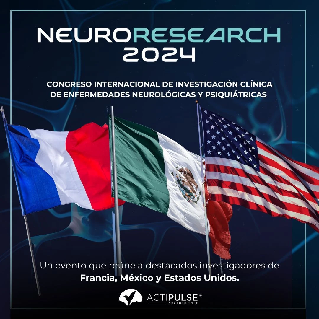 Cartel de Neuroresearch 2024 con las banderas de Francia, México y Estados Unidos.