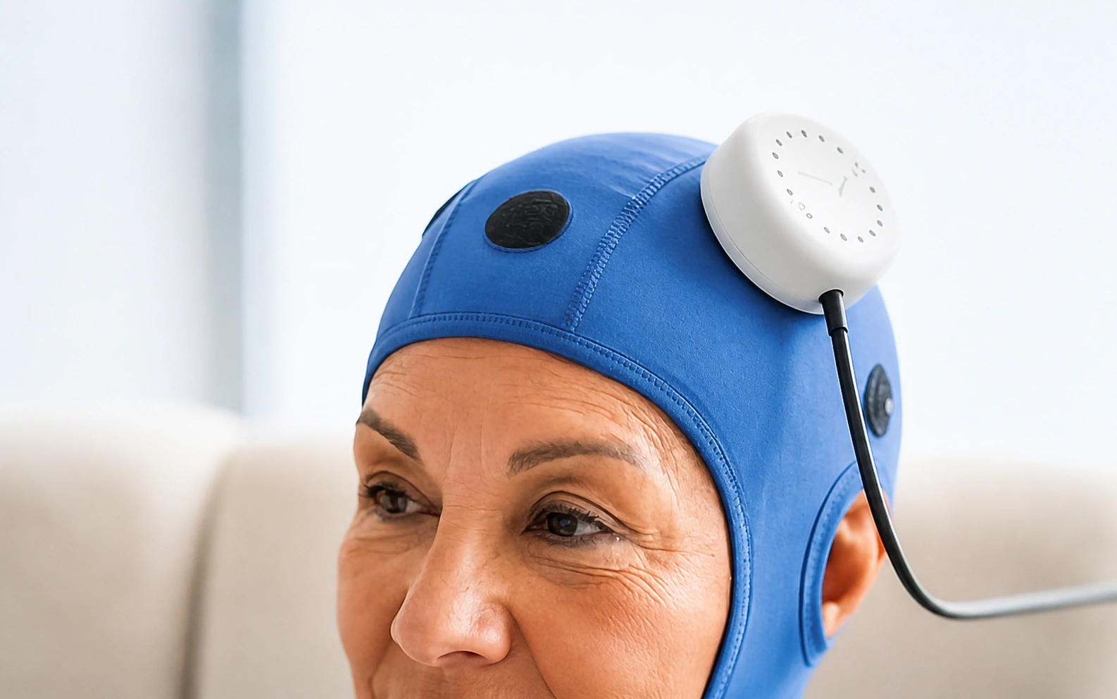 Posicionamiento del aplicador sobre un gorro de tratamiento
