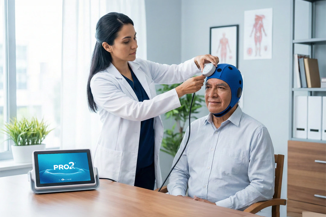 Profesional colocando el gorro de tratamiento a un paciente