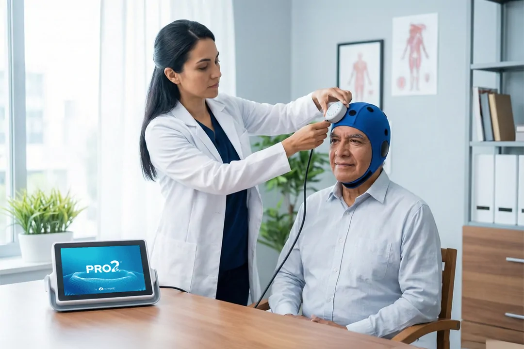 Profesional preparando a un paciente para una sesión de estimulación magnética