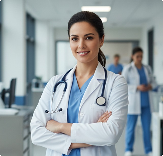 Doctora en hospital mirando a cámara
