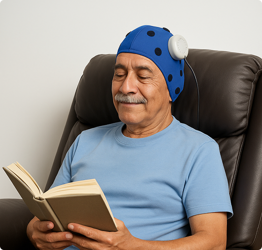 Paciente adulto leyendo con dispositivo de neuromodulación